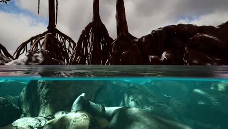 above and below the sea surface near mangrove trees