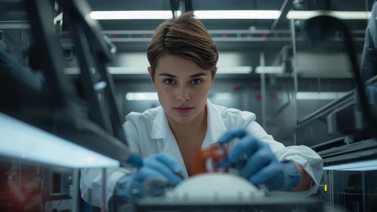 Grasping orange dome device tech in lab coat, gloves tightening cable, checking alignment at bench