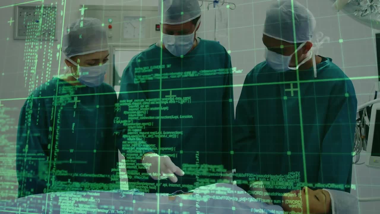 백인 남성 외과 의사와 수술실의 환자에 대한 데이터 처리 애니메이션