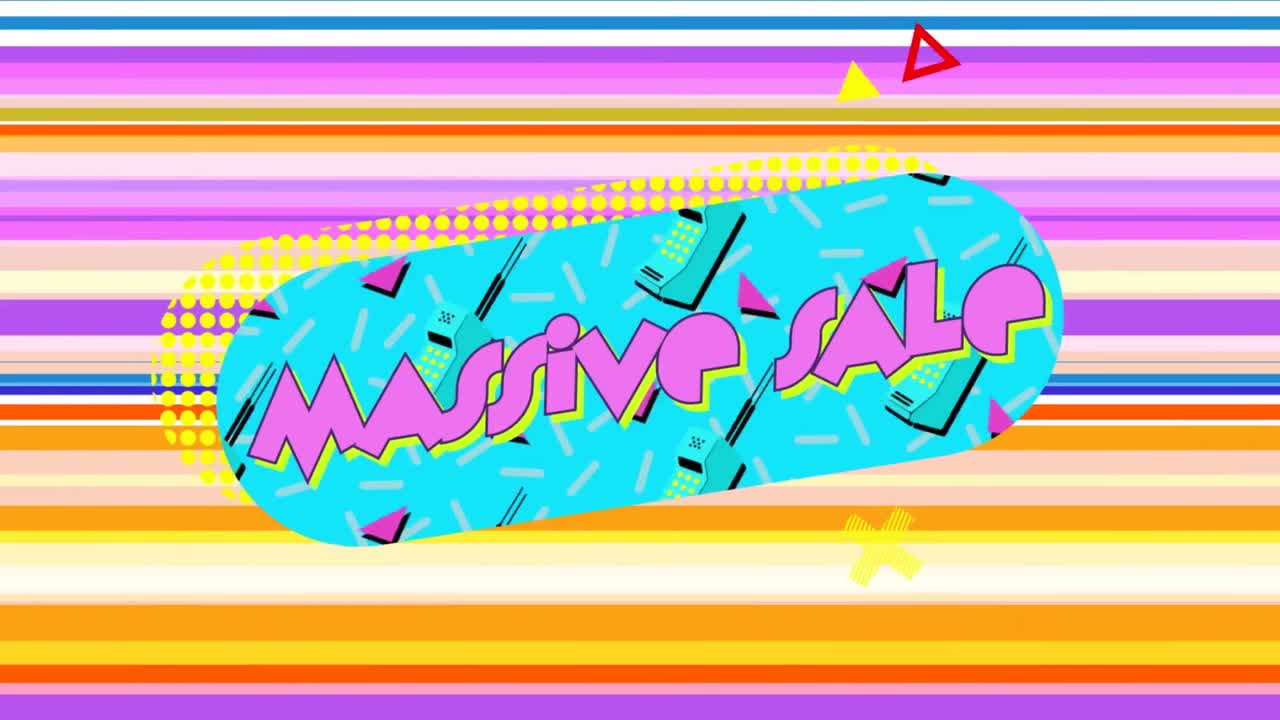 파란색 타원형에 대규모 판매 그래픽과 다채로운 줄무 ⁇  배경에 휴대 전화