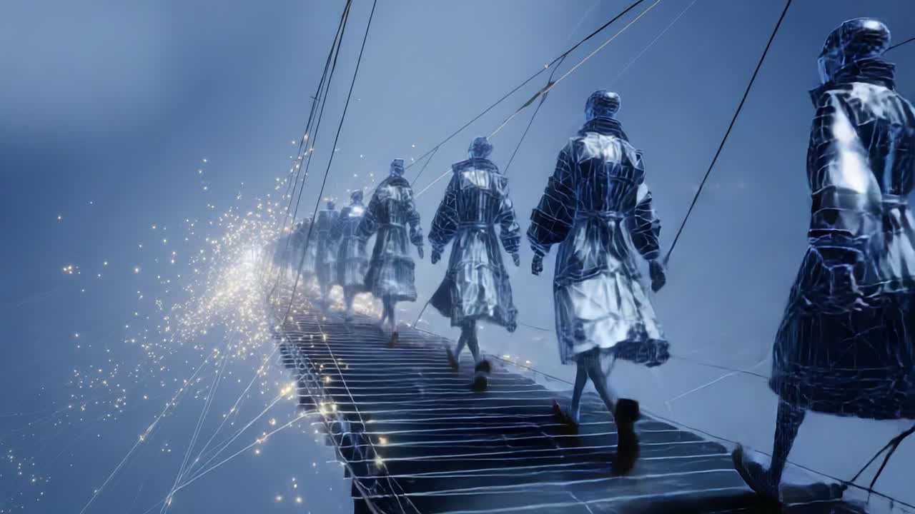 Abstract Figures Walking on a Bridge