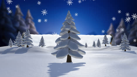 Animation-of-snow-falling-over-fir-trees-and-winter-scenery