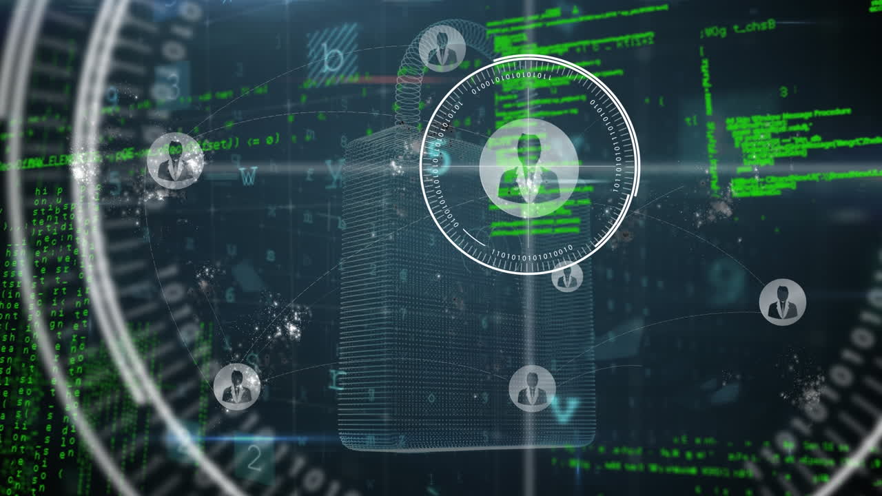 Animation of media icons over padlock and data processing