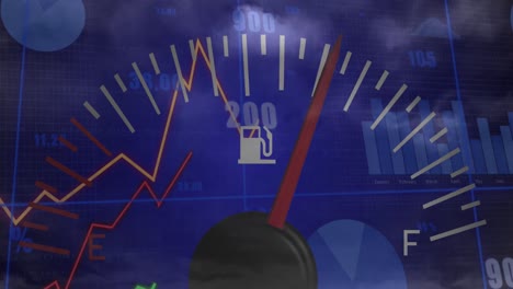 animación del velocímetro y procesamiento de datos estadísticos contra tormentas eléctricas y nubes en el cielo.