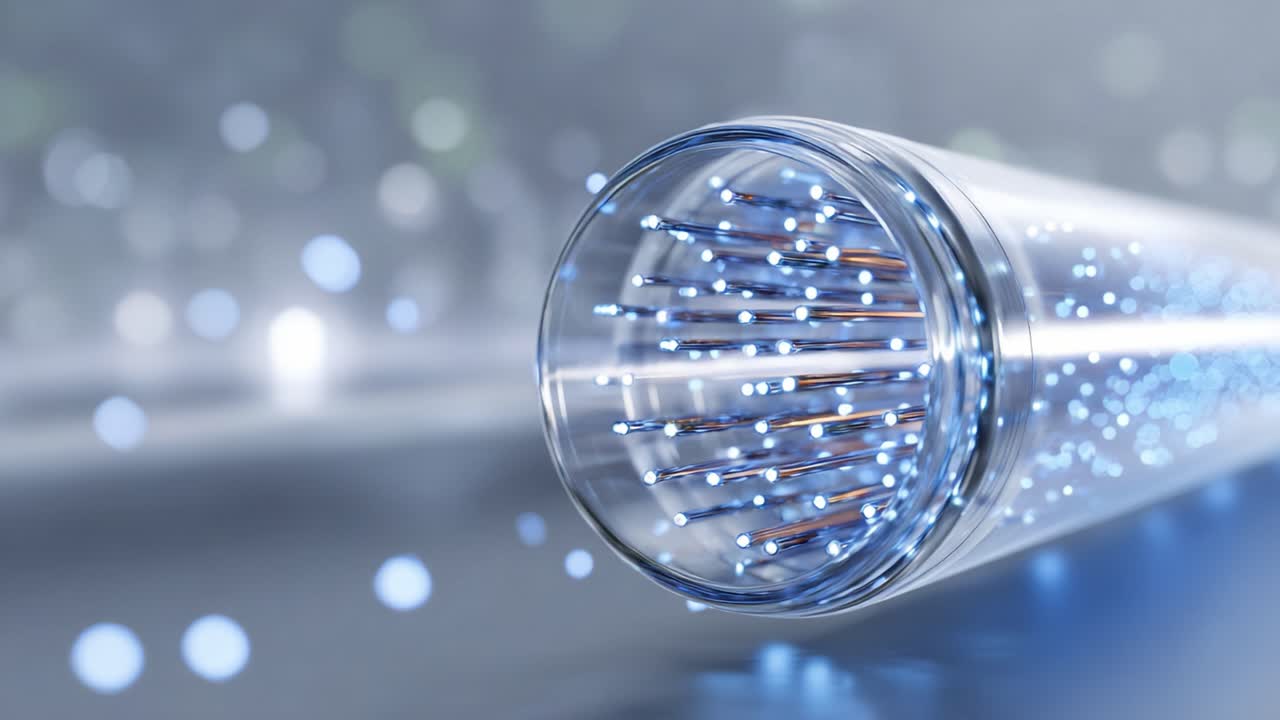 A close-up view of a transparent cylindrical object containing glowing fibers, creating a mesmerizing visual effect with soft bokeh lights in the background