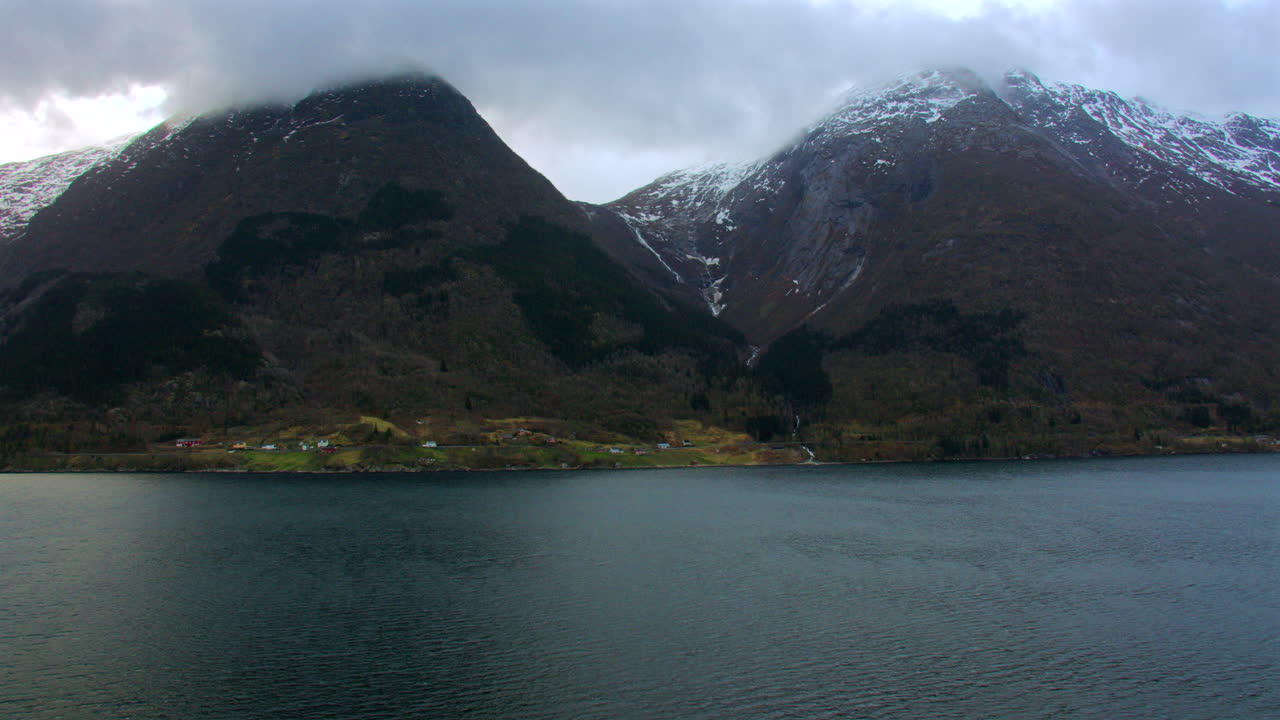 Wide shot of Bjotveit Village on the Eidfjorden, Eldfjord Fjord