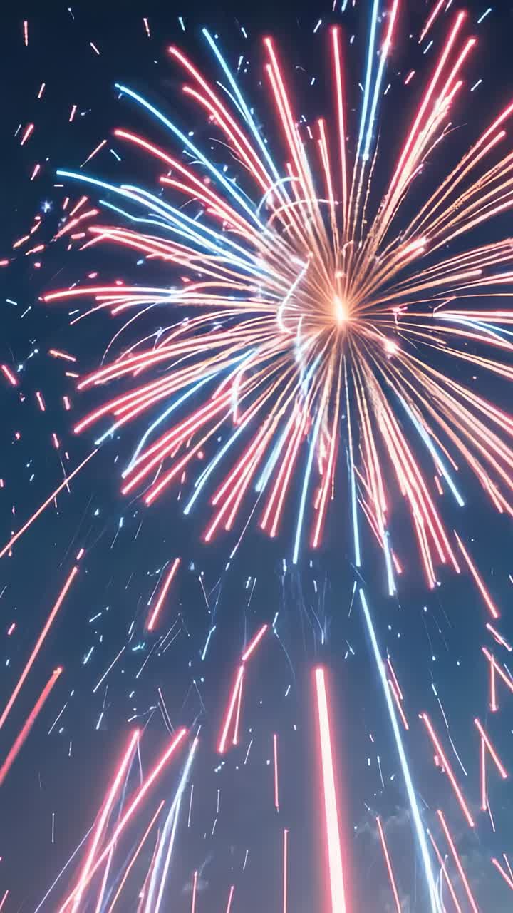 Vertical video: Launching firework shell into twilight sky, bursting into layered light streaks