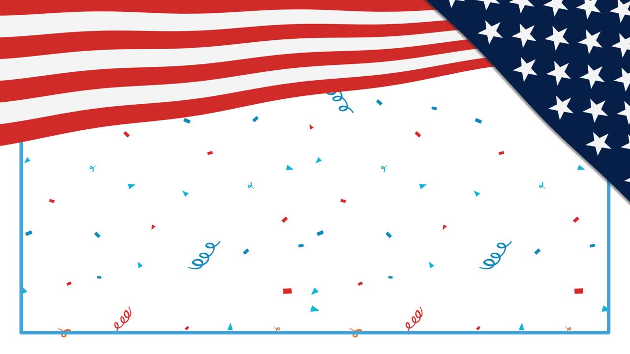 Animation of the USA flag with vibrant red, white, and blue confetti falling dynamically, creating a festive and patriotic atmosphere