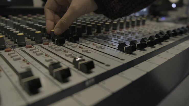 fingers moving sliders and turning the knobs on sound mixer console in recording studio
