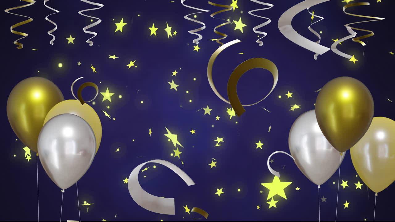 animación de globos de oro y plata con banderas de fiesta sobre fondo azul