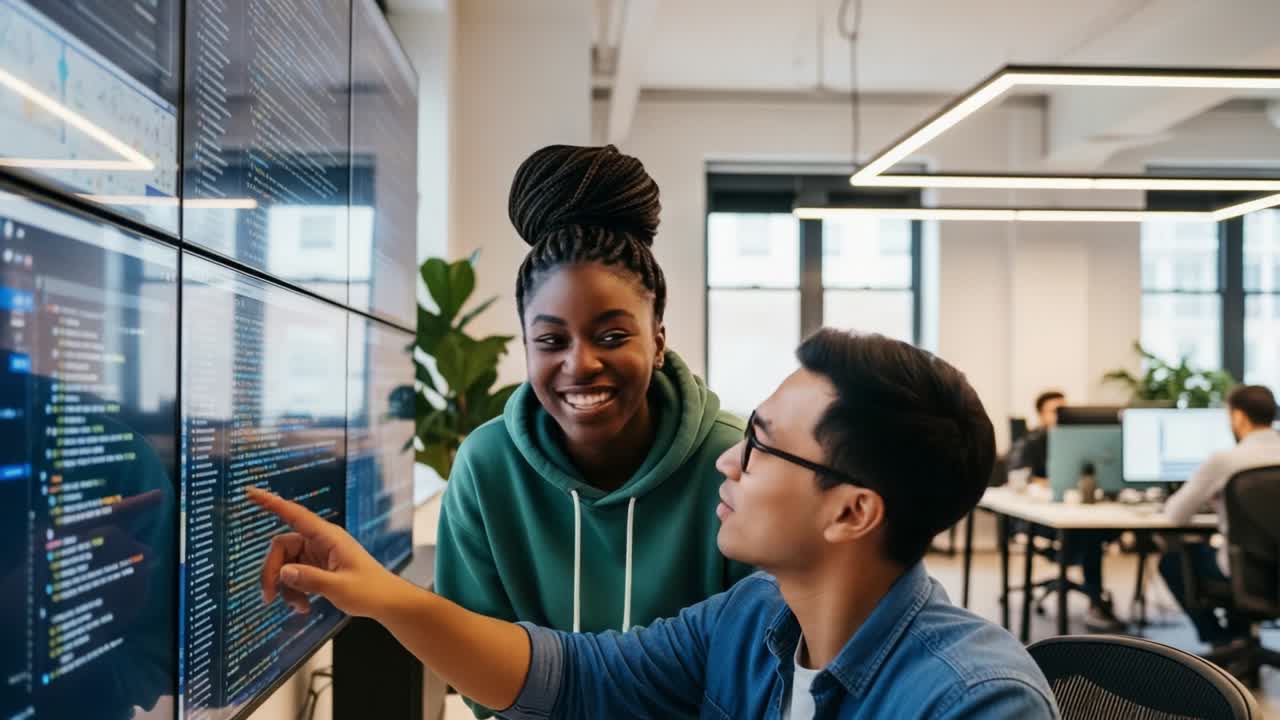Engaged Colleagues Collaborating in a Modern Office Environment, Analyzing Data on Screens, Exchanging Ideas and Insights While Using Advanced Technology to Foster Innovation and Problem Solving