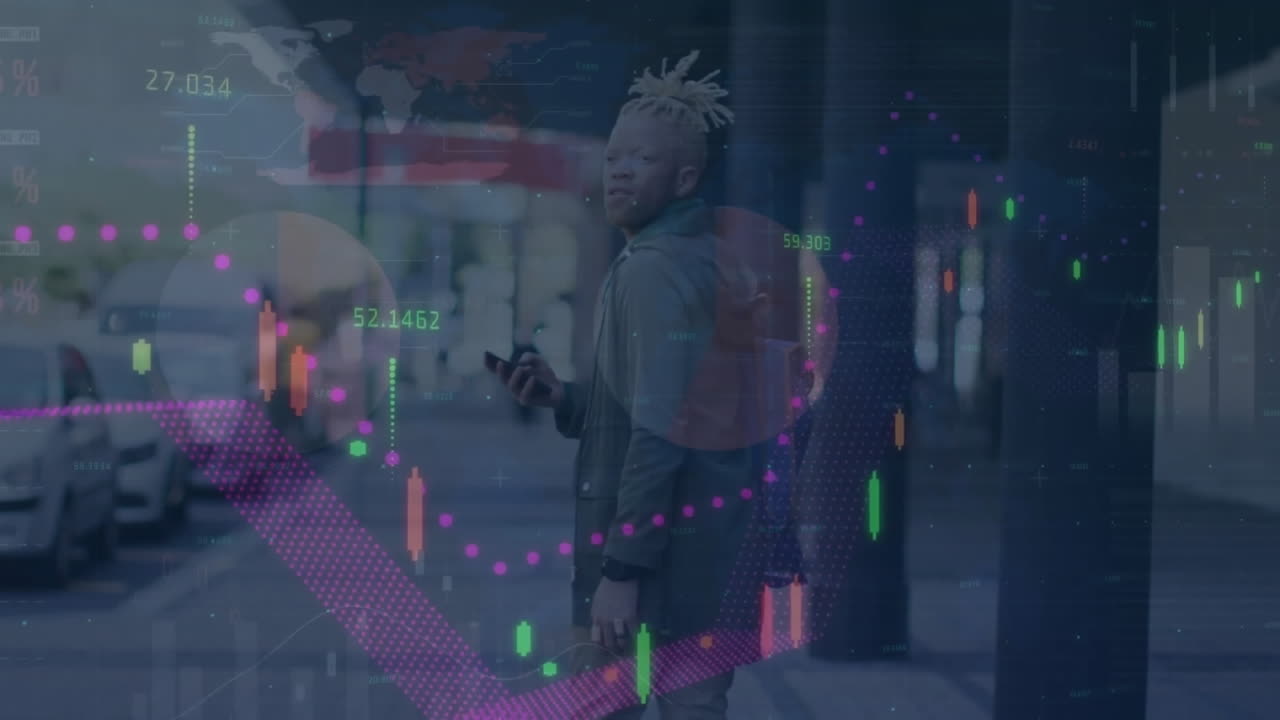 Animation of graphs over albino african american man with cellphone walking and looking backwards