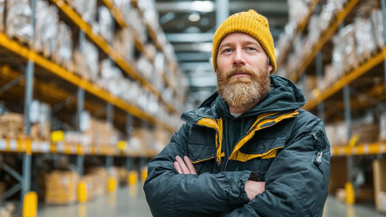 Confident Warehouse Worker in a Bright Yellow Beanie Stands Proudly in an Organized Storage Facility Amidst Rows of Stocked Shelving