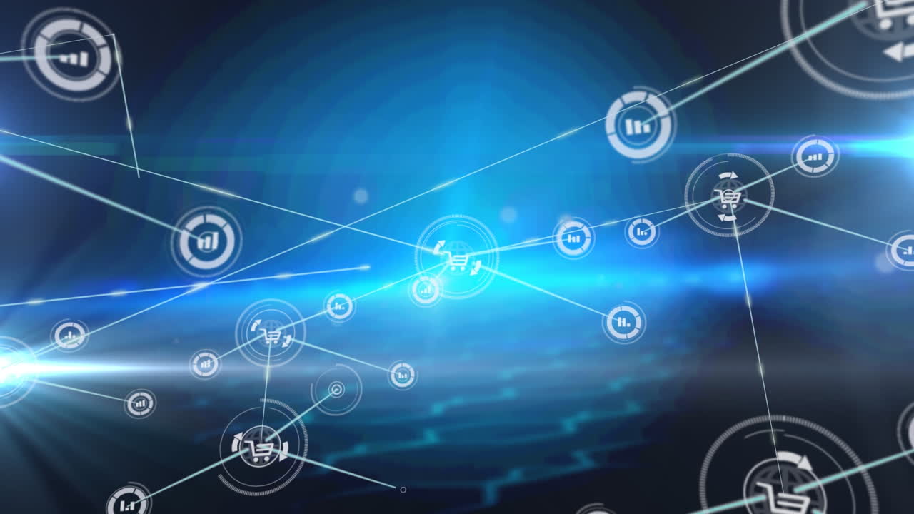 animación de la red de conexiones con iconos y rastros de luz sobre fondo negro