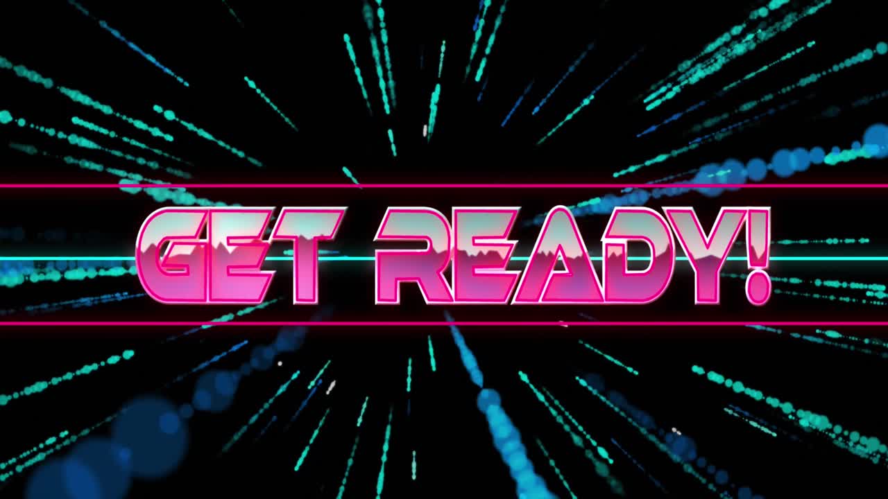 Animation of get ready text between lines over flying dots against black background