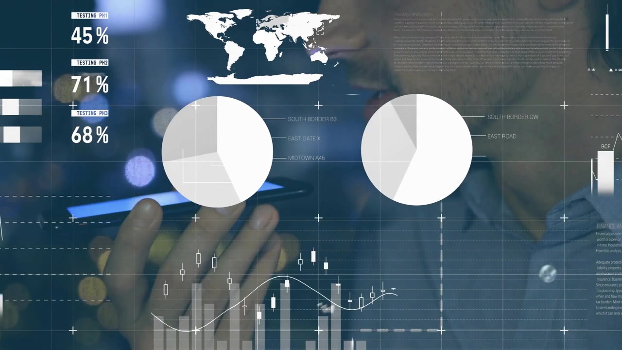 Analyst raising blue phone and speaking as HUD charts, percentages and map populating for analytics