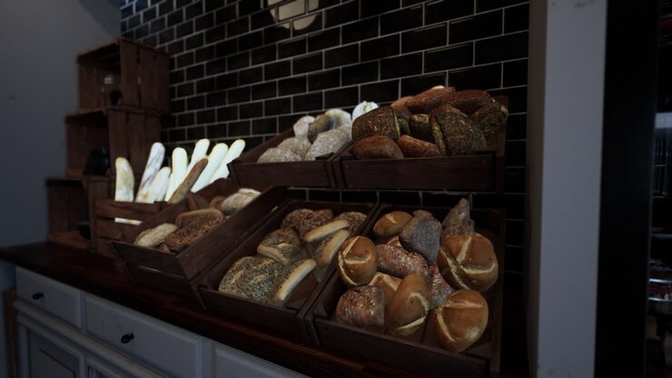 A display of freshly baked bread in a bakery