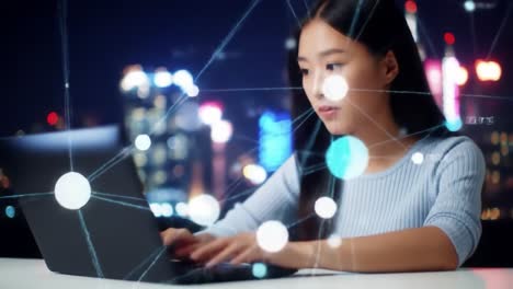 a young woman engaged in advanced digital work at night, surrounded by a glowing network of data and insights, illustrating technology and connectivity