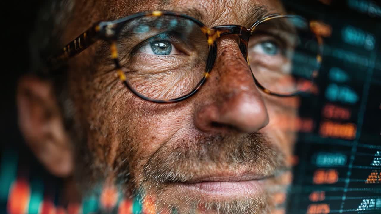 An Introspective Moment Captured: A Close-Up of a Man's Reflection Amidst Stock Market Data, Showcasing Financial Analysis and Contemplation