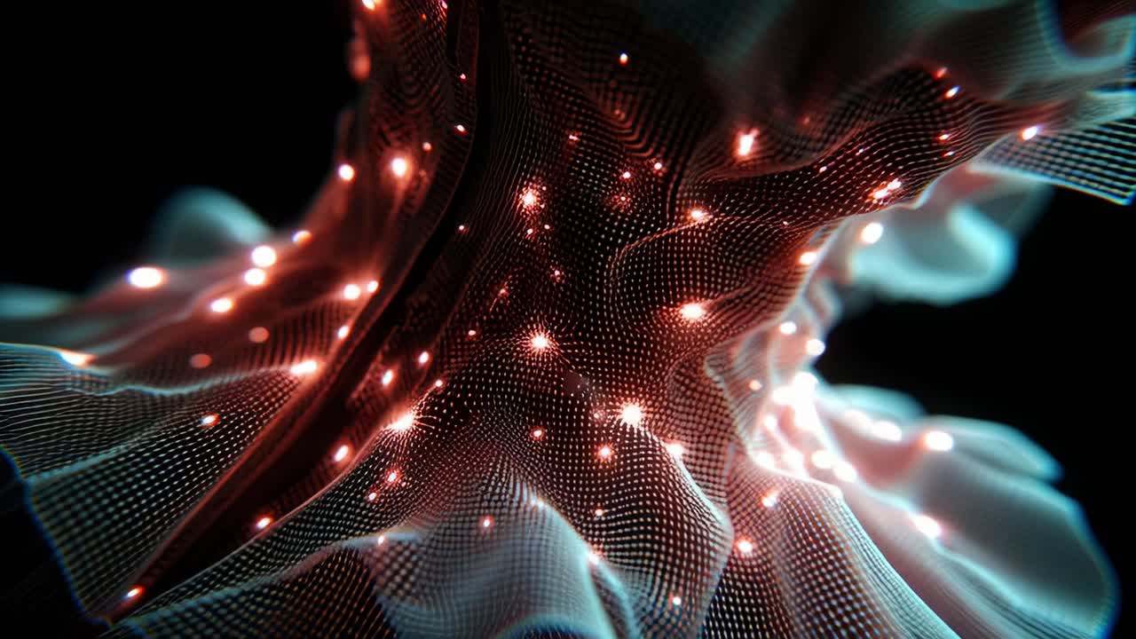 A Stunning Visualization of Light and Fabric Dynamics, Showcasing a Flowing Mesh Structure Enhanced with Vibrant Light Points Creating a Captivating Ethereal Effect