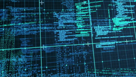 animation of data processing over grid network against blue background