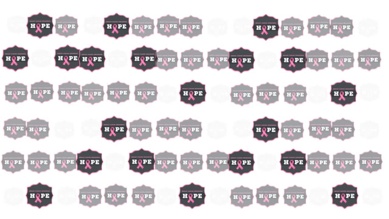 분홍색 배경에 빛나는 다중 분홍색 리본 로고와 유방암 텍스트의 애니메이션