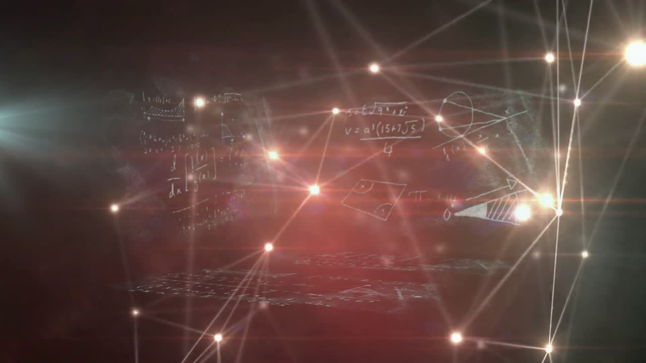 Animation of glowing network of lights illuminating mathematical equations in school