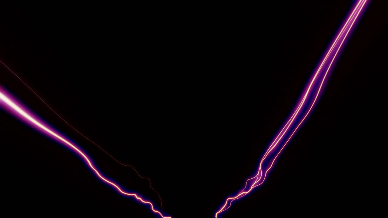 Two bolts of pink energy converge from the top corners. Seamless loop for concepts of power, magic, or futuristic technology. Isolated on black background for easy overlay