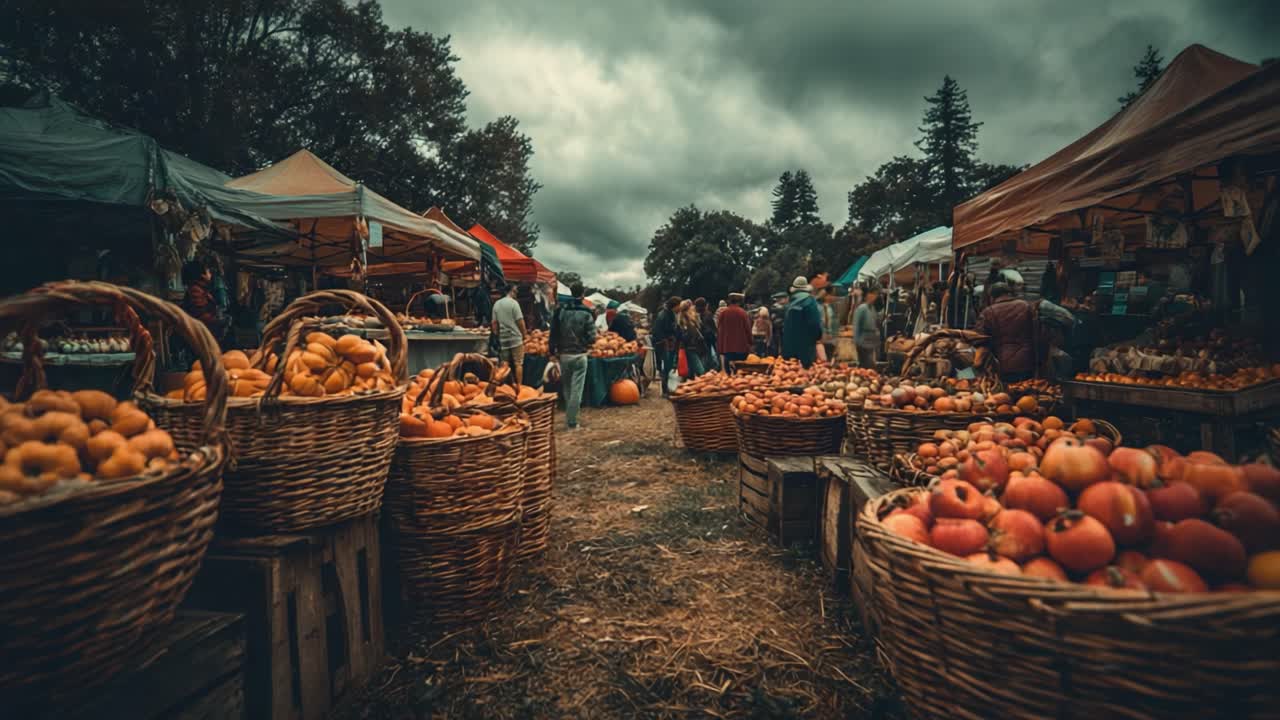 Harvest Festival Market with Baskets of Fresh Produce Featuring Apples and Other Fruits Under Overcast Skies, Capturing the Vibrant Atmosphere of Local Agriculture