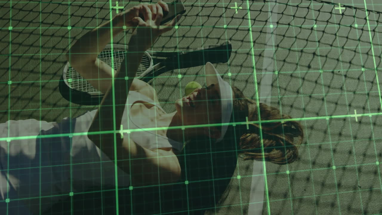 female tennis player lying on hard court, holding smartphone, with animated tech data charts
