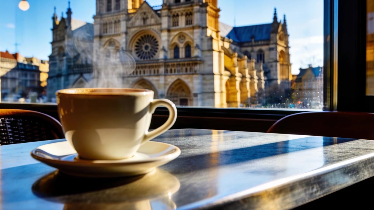 Luz do sol levantando vapor, xícara de porcelana emitindo vapor na mesa da janela de um café, com a catedral se tornando mais nítida.