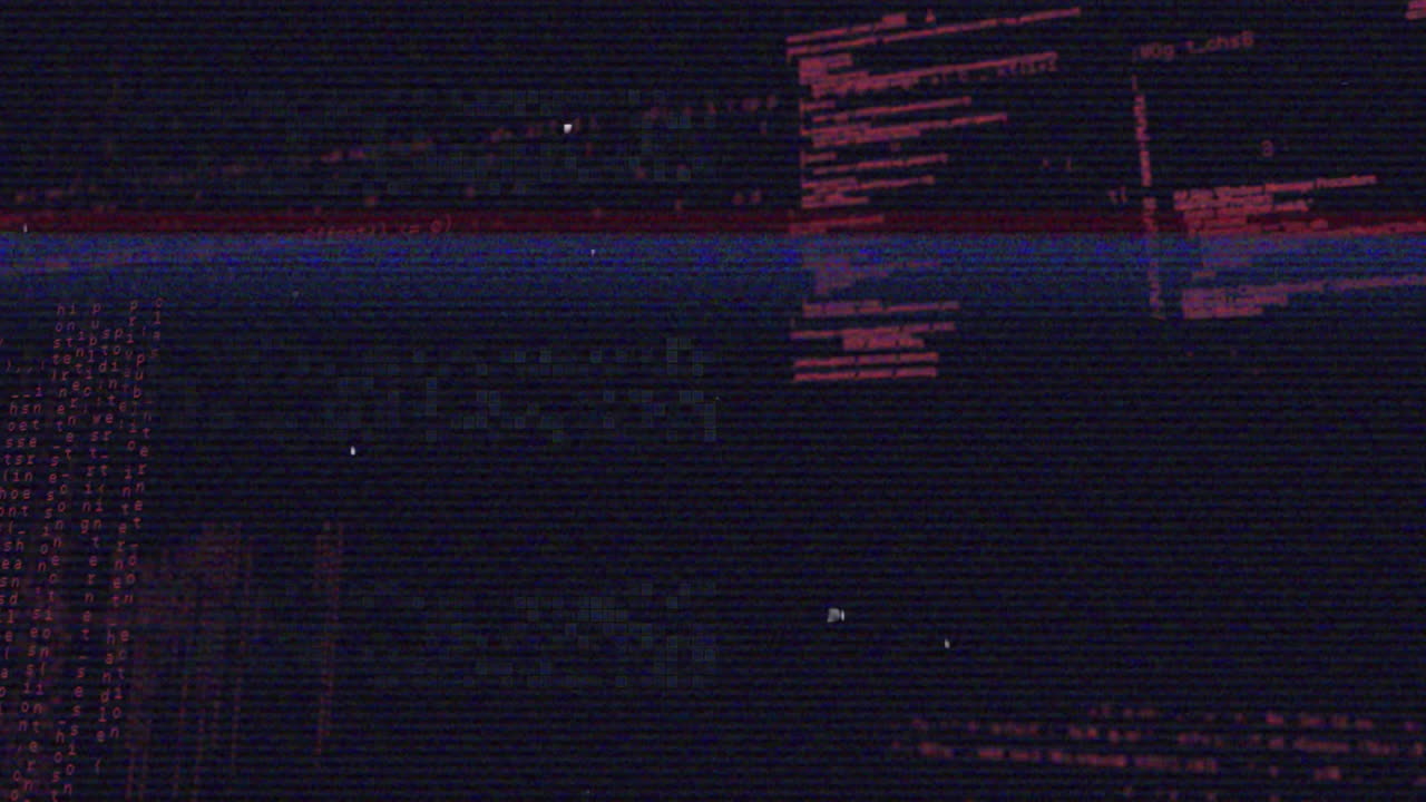 Animation of glitchy digital code with red and blue lines on screen background