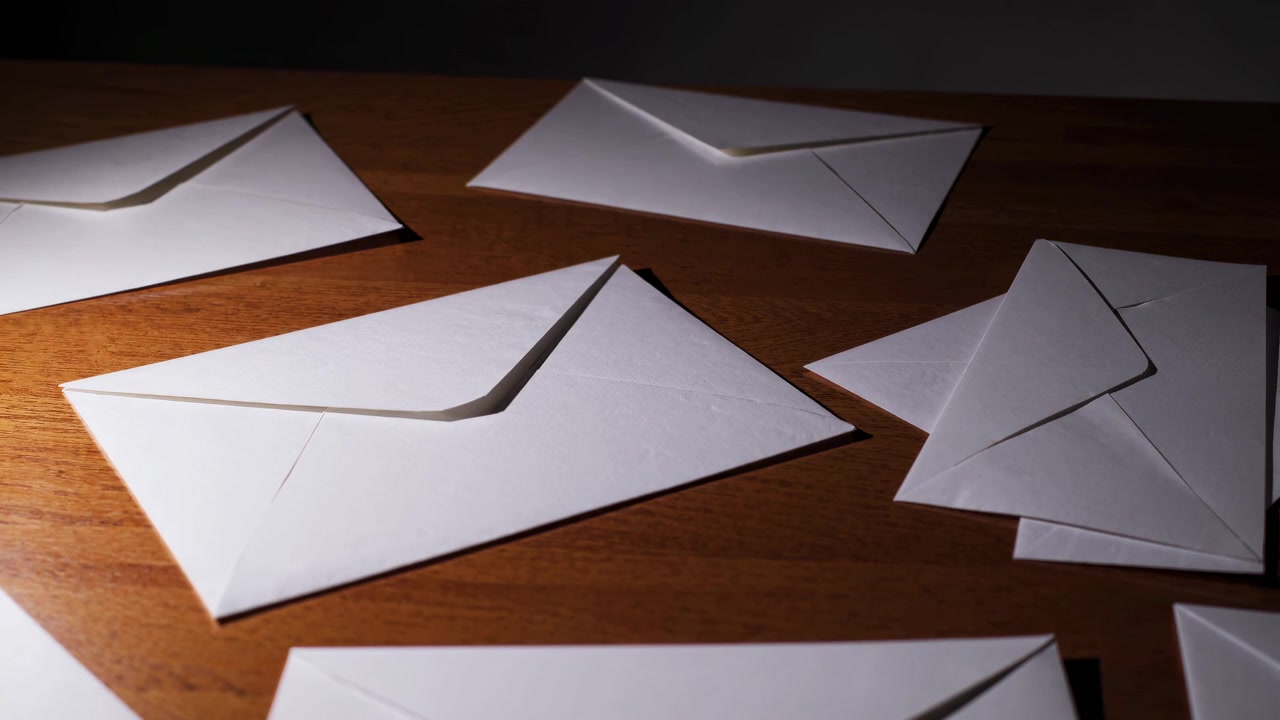 White Envelopes Scattered on a Wooden Table with Dramatic Lighting