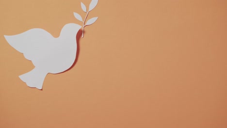primer plano de paloma blanca con hoja y espacio de copia en fondo naranja