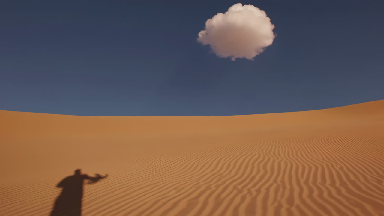 A solitary cloud above a desert dune with a person's shadow