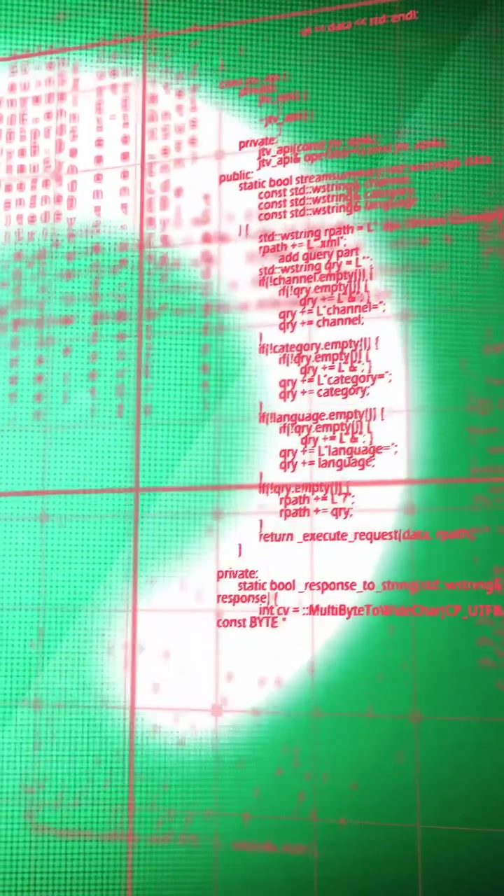 Vertical video: Bright flare appearing on green grid moving to reveal red code, cal marks for tech