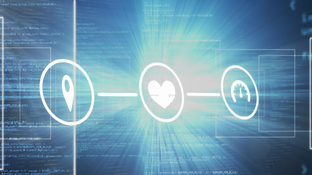 디지털 아이콘 네트워크, 데이터 처리 및 파란색 배경에 대한 밝은 빛 점의 애니메이션