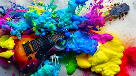 una guitarra de colores con salpicaduras de pintura de colores en él