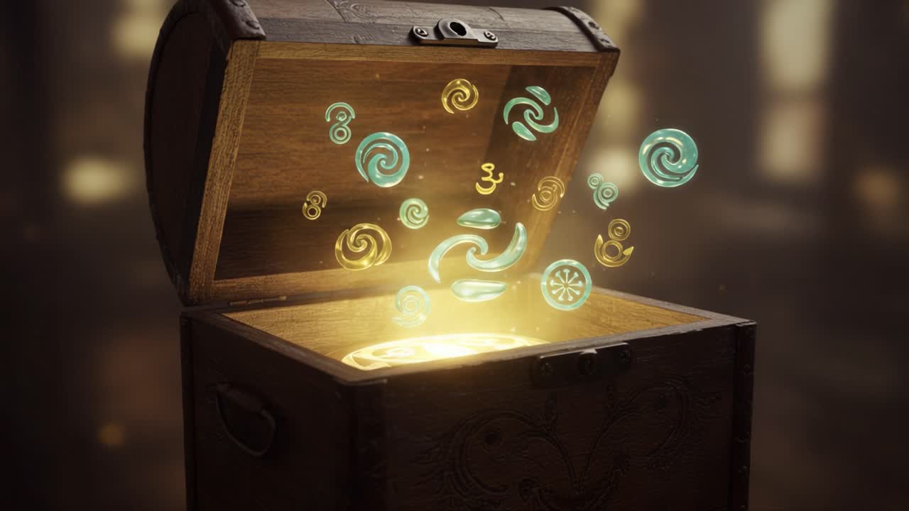 A Mysterious Chest Revealing an Enchantment of Swirling Symbols and Glowing Lights, Capturing the Essence of Wonder and Discovery in a Fantastical Setting