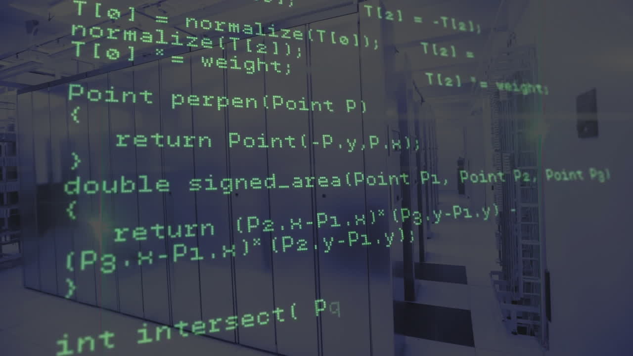 Computer code animating over server room background with rows of servers