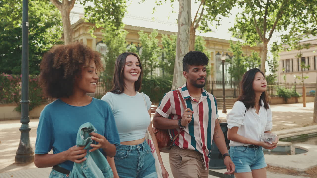 Group of friends walking in the city