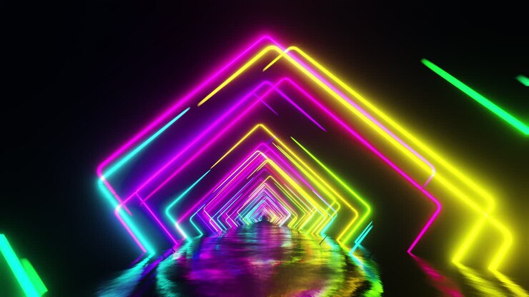 Flying under arches painted with multicolored light. Infinitely looped animation.