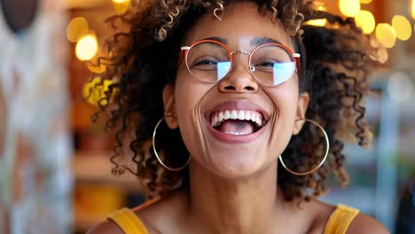 close-up portrait of a happy young woman with curly hair and glasses smiling brightly