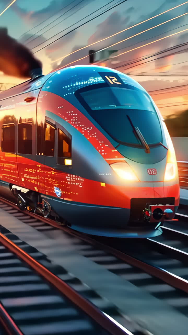 A train is speeding down the tracks with a bright orange and red color scheme. The train is surrounded by a bright orange and red sky