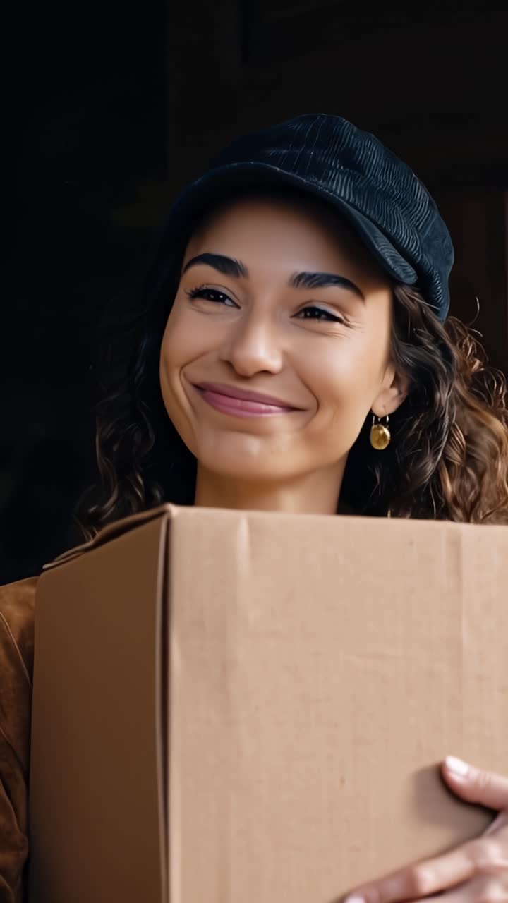 Una giovane donna allegra con un cappello elegante sorride calorosamente, riflettendo gioia e positività mentre tiene una scatola, incarnando un atteggiamento amichevole e disponibile.