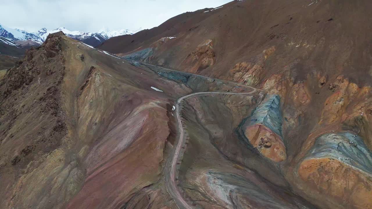 Aerial drone footage of the Pamir Highway winding through the colorful mountains of the Pamir Range in Tajikistan, near the Ak-Baital Pass, one of the world’s highest roads