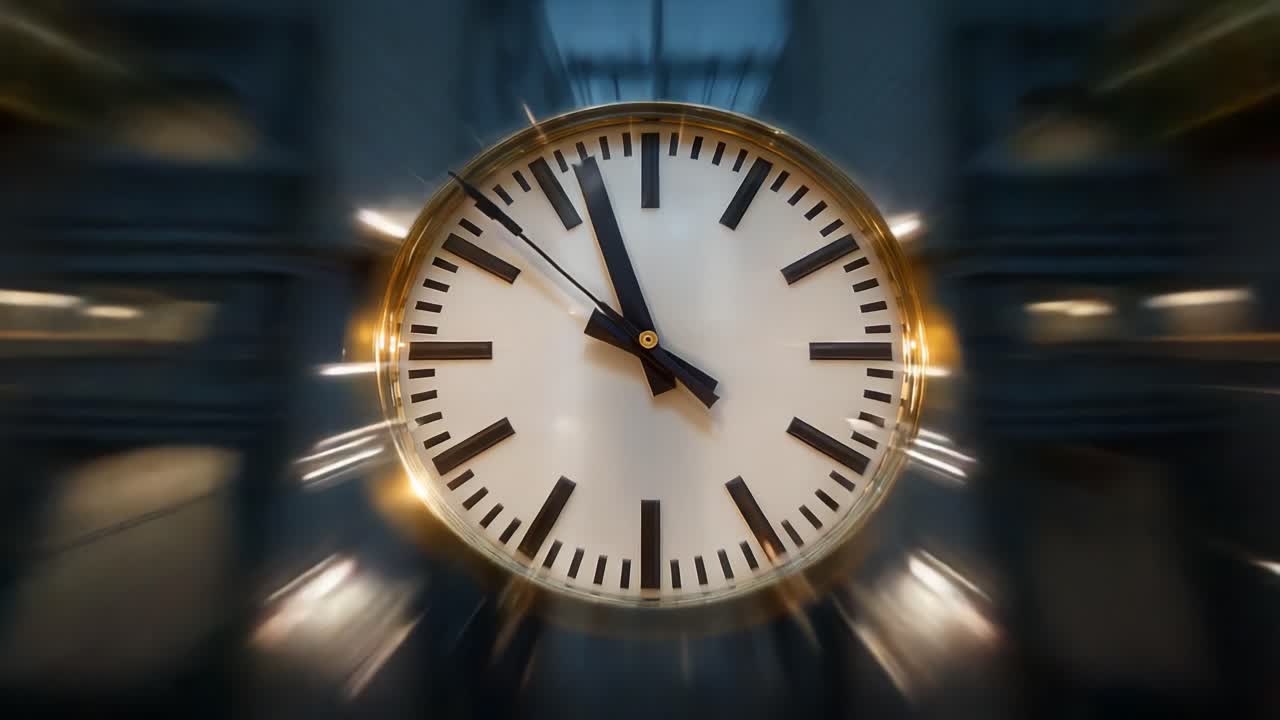 Captivating Time Depicted Through an Artistic Visualization of a Zooming Clock, Emphasizing Its Elegant Design and Intriguing Movement in a Sequence of Frames, Masterfully Capturing the Essence of Time