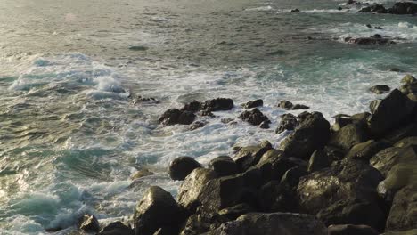 atlantic ocean waves crushing into the stone beaches of madeira island, portugal.