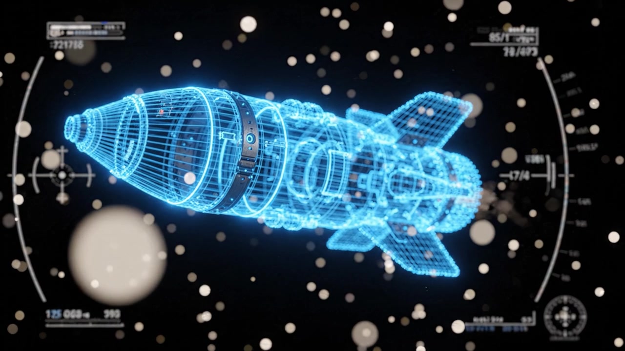 Futuristic digital rocket, constructed in a glowing wireframe design, soaring through a starry backdrop filled with particles emitting a captivating energy in space.
