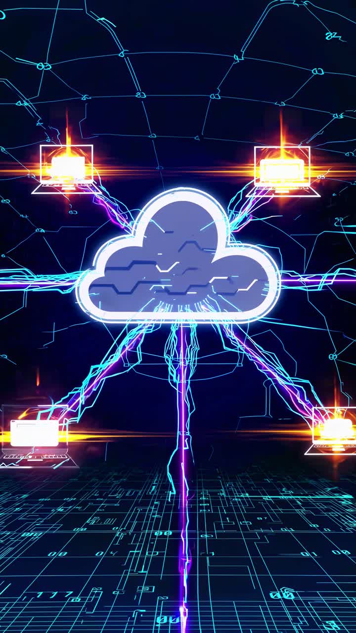 Futuristic video concept of cloud computing. Aerial view with digital lines connecting laptops